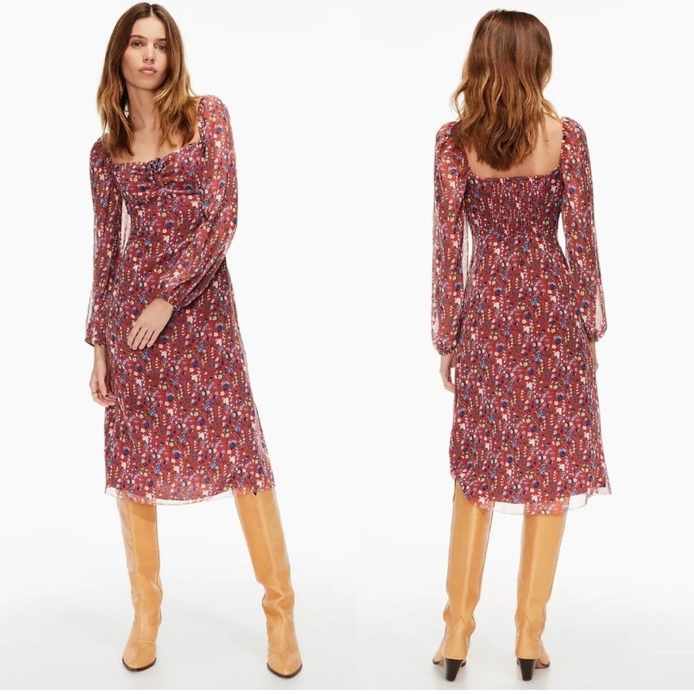 Aritzia Wilfred Jaqueline Red Floral Peasant Sweetheart Boho Midi Dress Size 4